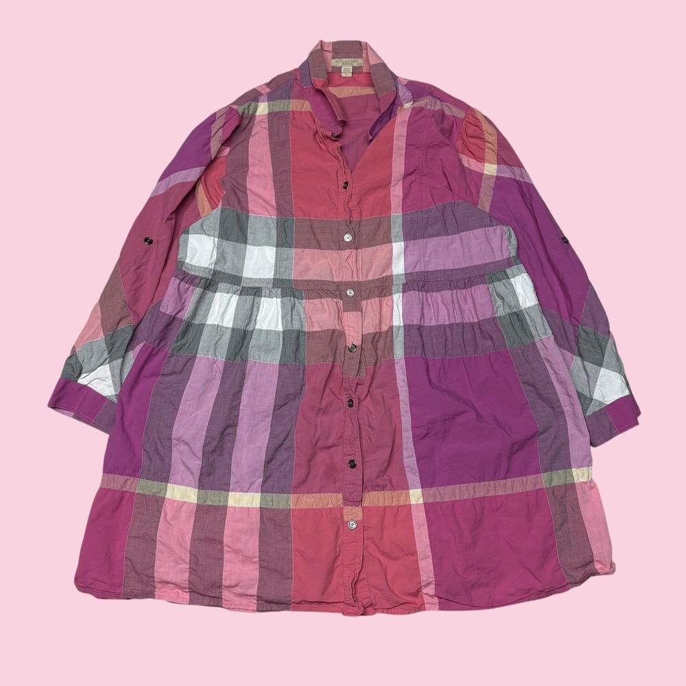 Burberry Brit Womens XL Pink Purple Plaid Check Babydoll Tunic Shirt Dress